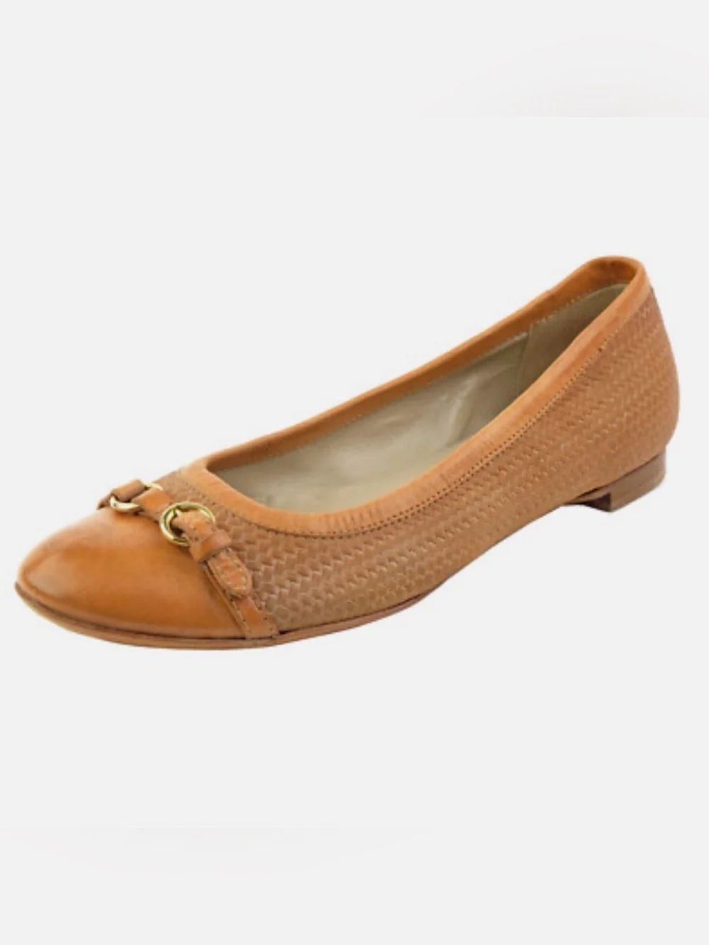 AGL BRANDY Brown Leather Cap Toe Suede Side Gold Buckle Toe Loafer Ballet Flat